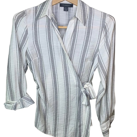 Primark Top Women's Size 2 Wrap Top Cream and Gray Cuffed Light Academia - Picture 1 of 4